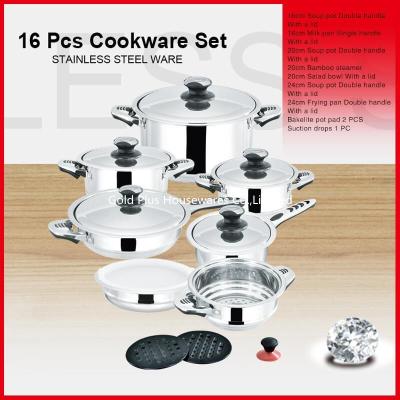 China Kitchenware 30pcs stainless steel cookware pot set long handle milk pot and double ear stock pot with glass lid for sale