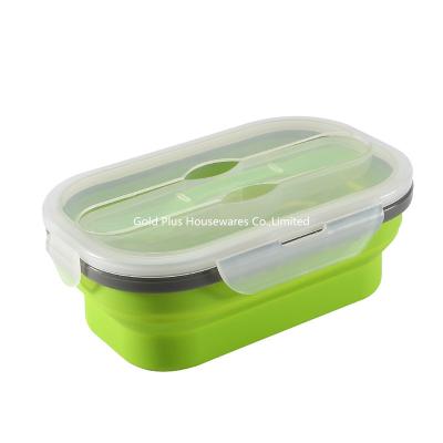 China Food grade green color silicone lunch box with spoon and fork collapsible adult student lunch box for school for sale