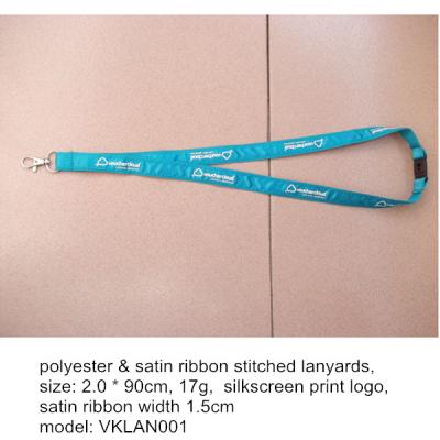 China polyester and satin ribbon stitched lanyard, 2.0*90cm,17g,MOQ 300pcs,China lanyard factory for sale