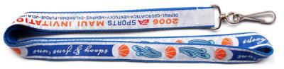 China Exquisite customized polyester layered neck lanyard strap with woven logo ribbon stitched, for sale