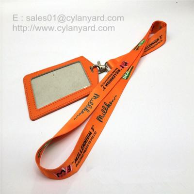 China Dye sub printing lanyard with leather badge, dye sub print ribbon with metal swivel clip for sale