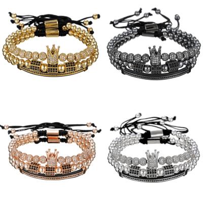 China Hot Sale 4Pcs/Set TRENDY Gold Crown Engraved Men Bangle Bracelet Set Luxury Stainless Steel Roman Numbers CZ Braided Bracelet Homme for sale