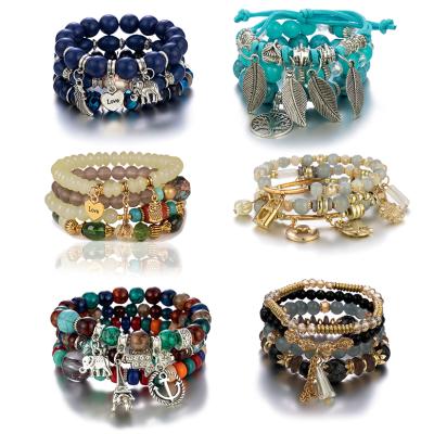 China BOHEMIA Factory Wholesale Crystal Bead Women Luxury Bangles Bracelet Set With Charms Vintage Stretch Natural Beaded Bracelets Women for sale