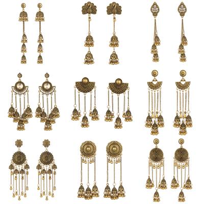 China Indian Vintage Factory Big Bell Jhumka Tassel Women Long Chain Earrings Retro Earrings Direct Creative Ethnic Pendant Indian Ladies for sale