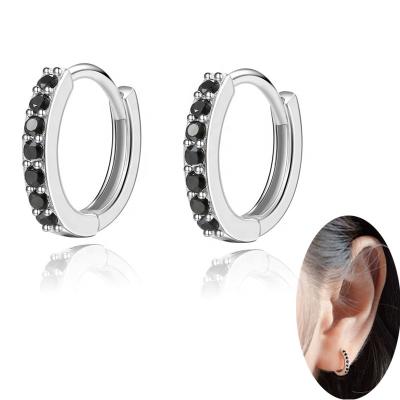 China Huggie Earrings 8mm CLASSIC Black White Stone Zircon Stone Small Cartilage Bling Hoop Earrings 925 Sterling Silver 2021 for sale