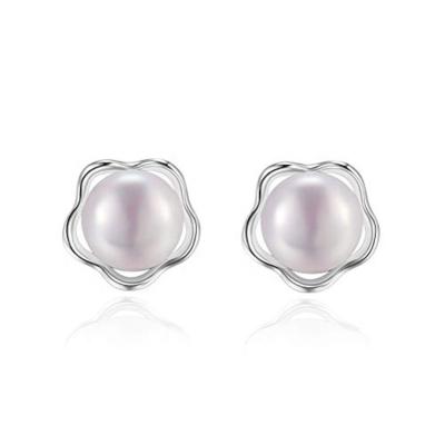 China 8-9mm White Freshwater Cultured Pearl Flower Pearl Stud Earrings For Women 925 Sterling Silver Five Petals for sale