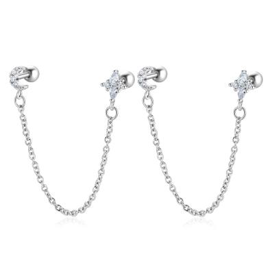 China Dangle Link Chain Ear Stud Earring 16G Stainless Steel Piercing Chain Earrings Zircon Cartilage Ear Bone Piercing Earring Studs CZ double screw back earrings for sale