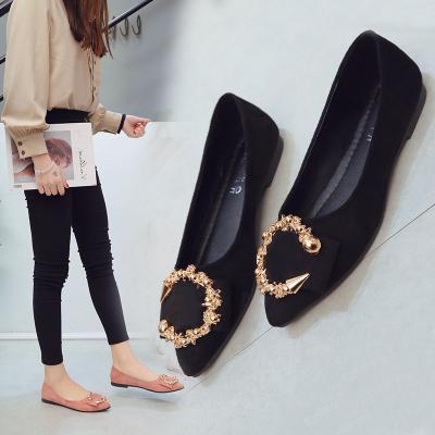 China Latest New Wholesale High Quality Rubber Single Tip Rubber Sole Flat Heel Buckskin Fashion Ladies Shoes Flats for sale