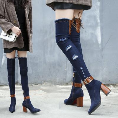 China Popular European American spring metal jewelry waterproof good quality knit ladies knee high boots for sale