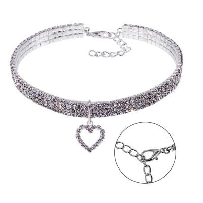 China Luxury Crystal Dog Collar Pendant Heart Shape Fashion Diamond Stretch Pet Necklace Jewelry Cat Chain 3 Row Reflective Rhinestones for sale