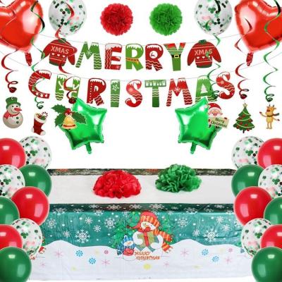 China New Year Christmas Party Supplies Decorations Kit Includes Merry Christmas Banner Tablecloth Balloons Paper Flower Ball Spiral Ornaments for sale