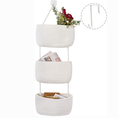 China 3-Tier Wall Mount Sustainable Flower Plant Organizer Small Woven Storage Basket Shelf Cotton Rope Door Hanging Decorative Organizers for sale