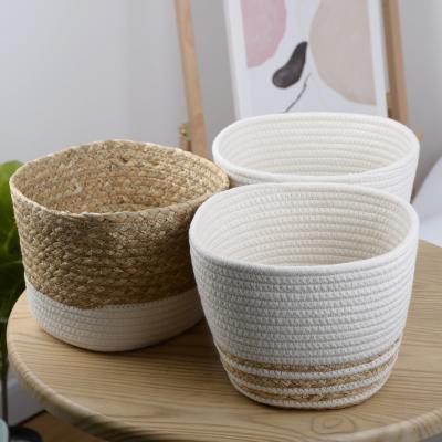 China Multifunctional Viable Straw Rope Woven Plant Basket Storage Baskets With Handles Convenient Storage Floor Basket Organizer for sale