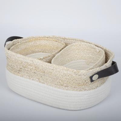 China Sustainable wholesale hand woven natural material hot sale maize corn husk with cotton rope basket seaweed wheat straw storage hamper basket for sale