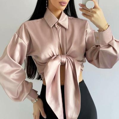 China 2022 spring women's new turn-down blouse turn-down short crop top navel strappy shirt long sleeve anti-pilling clothing for sale