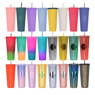 China 2021 Viable Ready Double Wall Plastic Studded Stock 16oz 24oz Coral Pink Diamonds Tumbler for sale