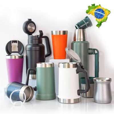 China Viable Brazil Copo Printed Logo Powder Coated Mug Green Custom Stainless Steel Travel Beer Mug With Bottle Opener With Handle Lid for sale