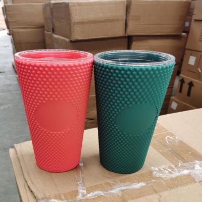 China 2021 New 20oz Sustainable Double Layer Coffee Straw Pink Crystal Studded Tumbler Plastic Cup With Straw for sale