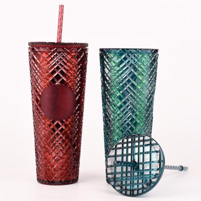 China 2022 DOUBLE WALL Cold Wall Reusable Holiday Red Jewel Jeweled Double Tumbler Cup with Lid and Straw for sale