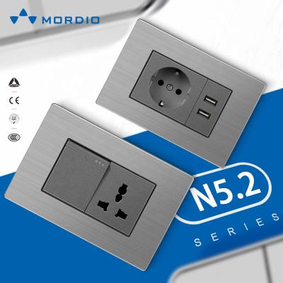 China PC wire drawing board. Copper Fit Switch Stainless Metal Wall Switch Socket 2gang Universal Socket For Homes With 2USB Ports for sale