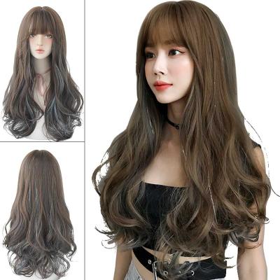 China Younger 7JHH WIGS Mixed Black Blue Wholesale Heat Resistant Fiber Long Curly Wig With Bangs 26 Inches Synthetic Wig for sale