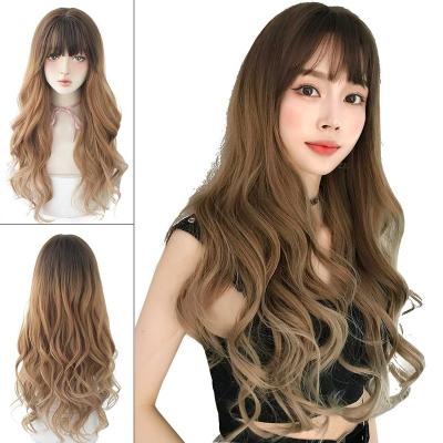 China Younger 7JHH WIGS Wholesale Ombre Brown Blonde 150% Density Long Curly Wig With Bangs 26 Inches Ombre Synthetic Wigs for sale