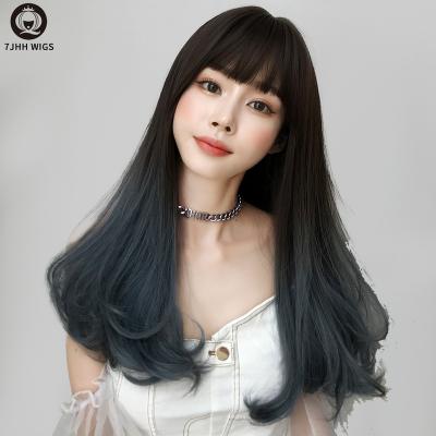 China Younger 7JHH WIGS Wholesale Ombre Blue Straight Wigs With Bangs Heat Resistant Fiber for sale