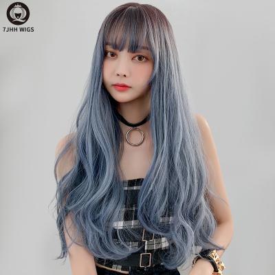 China Younger Sale Amazon WIGS 7JHH Long Curly Hair Wigs Top 26 Inches Ombre Blue Colored For Daily Cosplay Using Synthetic Wigs for sale