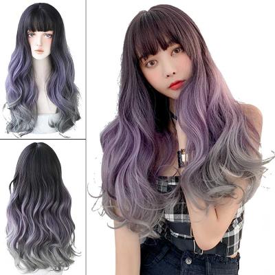 China YOUNGER 7JHH Ombre Purple Gray 26 Edges Long Curly Wigs With Bangs For Women Cosplay Water Wave Curly Synthetic Cosplay Wigs for sale