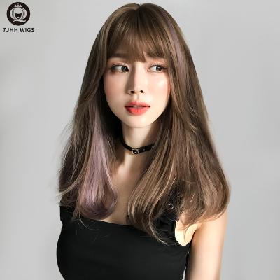 China Younger 7JHH WIGS Wholesale Honey Brown Natural Curly Wigs With Bangs 17 Inches Pelucas Synthetic Wig Hair Wig For Women for sale