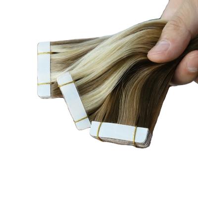 China Remy Cuitlce ​​Ash Blonde Balayage Ombre Virgin Russian Curly Double Wave Salon Quality Tape In Hair Extension for sale