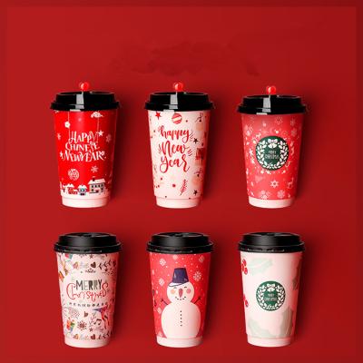 China Double Layer Coffee Cup Christmas Milk Tea Disposable Paper Cup With Lids for sale