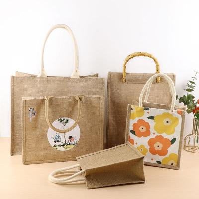 China Custom Logo Natural Color Grocery Tote Bags Jute Handled Eco Friendly Reusable Shopping Bag for sale