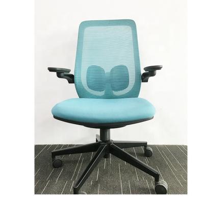 China (Size) OEM Factory Adjustable Custom Sillas Oficina No Armrest Cute Blue Medium Mesh Back Desk Office Chair w/waterproof Fabric for sale