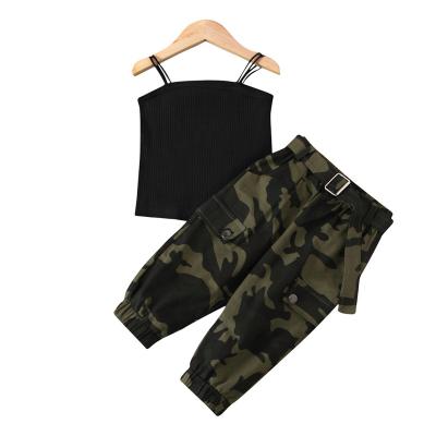 China Custom Children's Clothing Girls Casual Small 2 Piece Sets 2022 Solid Color Two Piece Baby Vest Camouflage Top Pants for sale