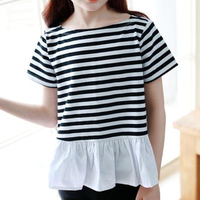 China Custom made high quality children's clothing summer anti-shrink striped girls 100% top casual cotton ruffles T-shirt short sleeve fashion for sale