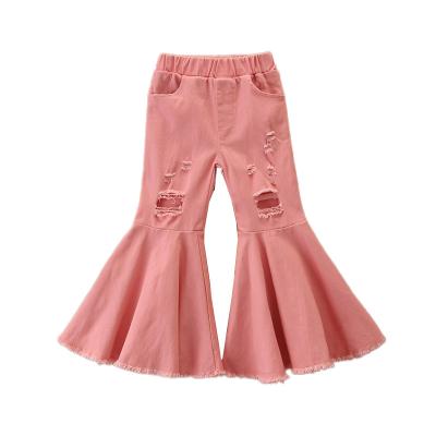 China QUICK DRY custom kids clothing girls jeans girls little ripped flared pants solid color cotton trousers ruffles pants girls for sale