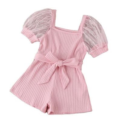 China New 2022 Summer Children's Clothing Custom Made OEM Anti-shrink Girls' Neck Puff Sleeve Dress Pink Square Overalls With Belt High Quality Girls for sale