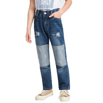 China OEM Breathable Custom Boys Contrast Panel Ripped Jeans High Quality Cotton Casual Pants Fashions Blue Denim Pants For Kids for sale