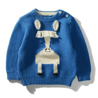 China Cartoon Horse Crewneck Blue Breathable Custom 100% Cotton Knitted Kids Sweater for sale