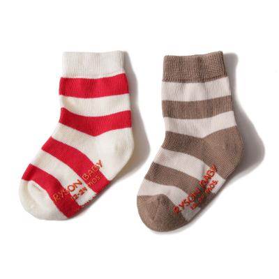 China Antibacterial High Quality Pure Cotton Red-White-Brown-Grey Striped Cute Spring Tube Socks Non Slip Socks Kids for sale