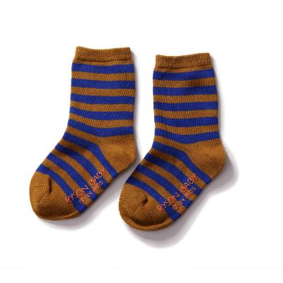 China New Baby Spring Cotton Navy Blue Antibacterial Warm Coffee Color Striped Tube Two Socks Designer Kids Socks Anti Slip for sale