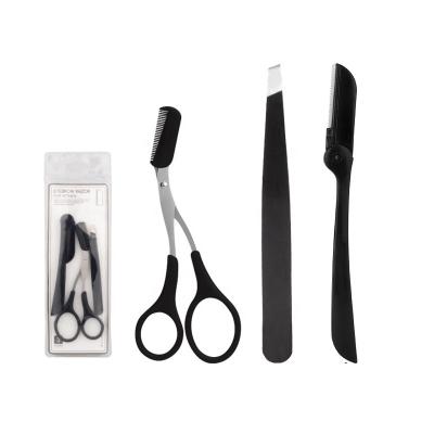 China Luxury Black Makeup Tool 3pcs Eyebrow Clip Knife Razor Set Eyebrow Kit Eyebrow Tweezers Trimmer Eyelash Scissors Brush for sale