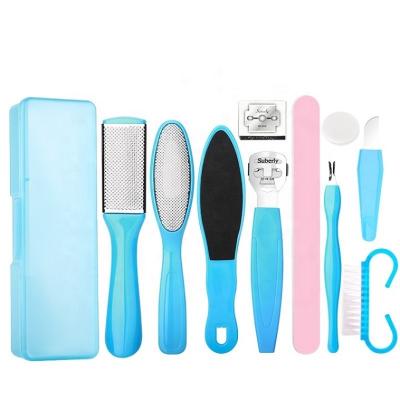 China Luxury Travel 10 Pieces Blue Pedicure Set Scraper Knife Feet File Foot Skin Care Tool Grooming Kit Pedicure Callus Remover for sale