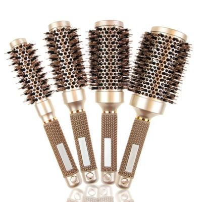 China Nano Ceramic Round Hair Comb Salon Boar Duct Boar Hair Salon Hair Dressing Brush Gold Hair Straightener Comb for sale