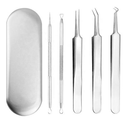 China 5 Piece Luxury Set Silver Acne Needle Tightening Tool Stainless Steel Facial Blackhead Pimple Needle Clip Remover Tool 5pcs for sale