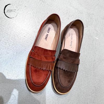 China Waterproof leather stained heel flat loafers tassel upper suede leather women genuine leather shoes high end handmade shoes for sale