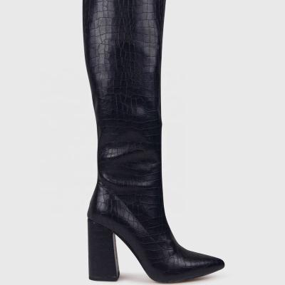 China Thermal Block Heel Knee Women Boots Embossed Croc PU With Low MOQ Custom Service for sale