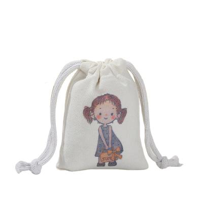 China Recyclable Custom White Calico Canvas Small Pouch Recyclable Cute Kids Logo Printed Promotional Organic Muslin Kids Candy Cotton Drawstring Bag for sale