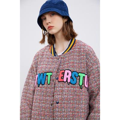 China Anti-wrinkle letter embroidery tweed women's oversized streetwear casual varsity bomber jacket coat for sale